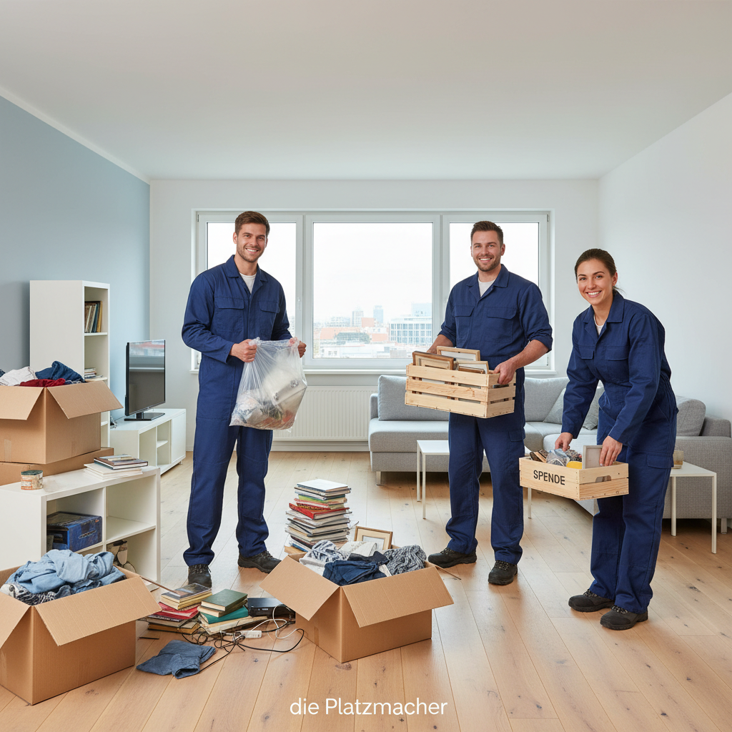Erstelle ein Bild, das zu unserer Firma passt. Wir sind "die Platzmacher" und spezialisiert auf entrümpelungen. Das Bild soll freundliche Personen zeigen, die eine wohnung entrümpel. Die wohnung soll modern, aber nicht zu "steril" sein. Die Personen sollen einheitliche arbeitskleidung tragen, aber keine Firmenlogos. Füge maximal drei Personen in das Bild ein. Es soll professionell wirken. unser firmenname soll unten klein und mittig auf dem bild zu sehen sein. ddie personen entrümpeln eine wohnung und helfen nicht bei einem umzug. beachte dies beim erstellen des Bildes. Die wohnung soll nicht dreckig, aber vollgerümpelt sein. Die personen entrümpeln diese wohnung.